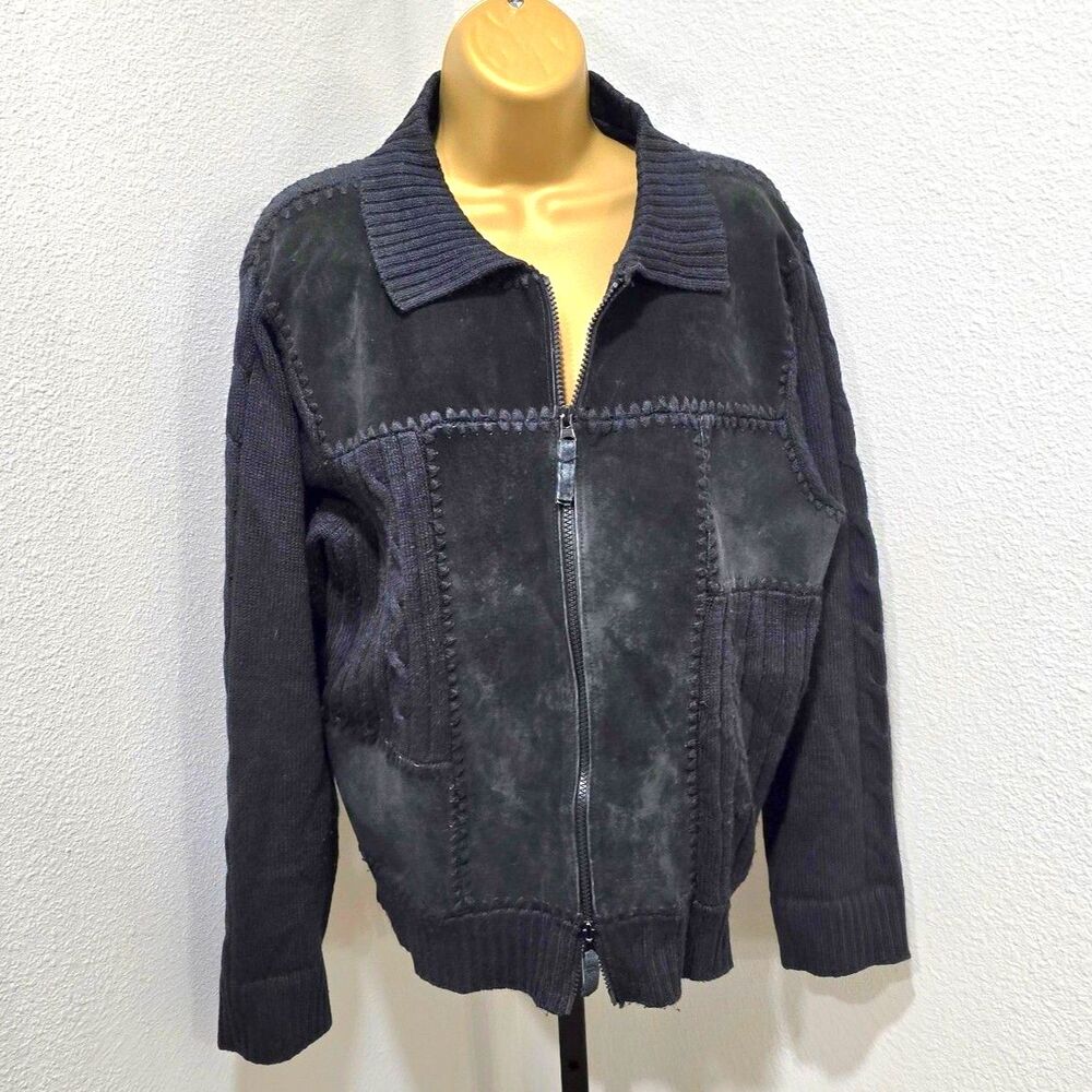 90s Black Suede Leather Full Zip Sweater Jacket Lge Patchwork Beatnik Indie Boho